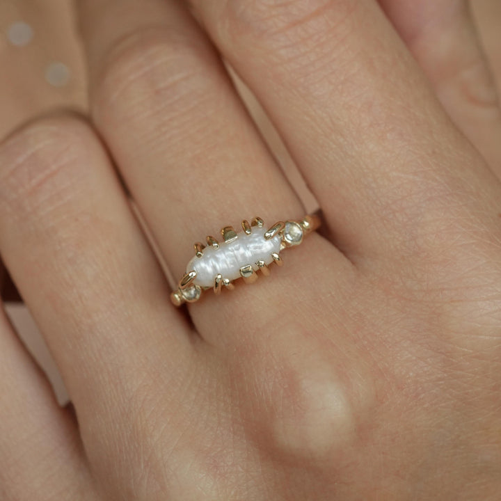 Pearl and Diamond Ring: RTS 14k Solid Yellow Gold 12 Prong Set White Oval Baroque Pearl and Clear Round Diamond Ring in US size 5.75