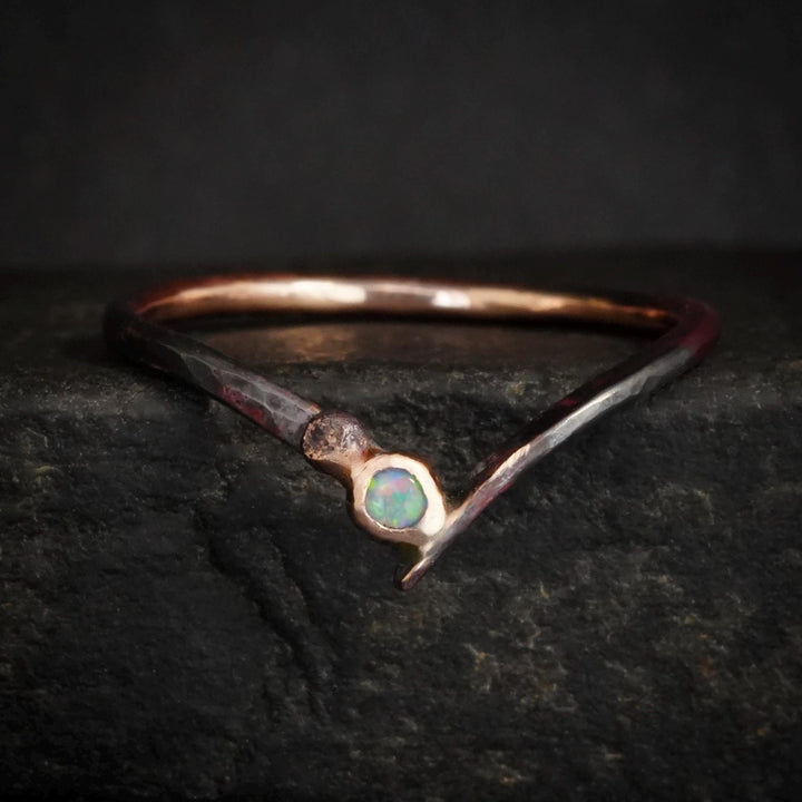 Opal Wave Ring. Solid Rose Gold Unique Alternative Rustic Natural Raw Rough Uncut Fire Rainbow Bezel Set Australian Opal Wedding Band Ring