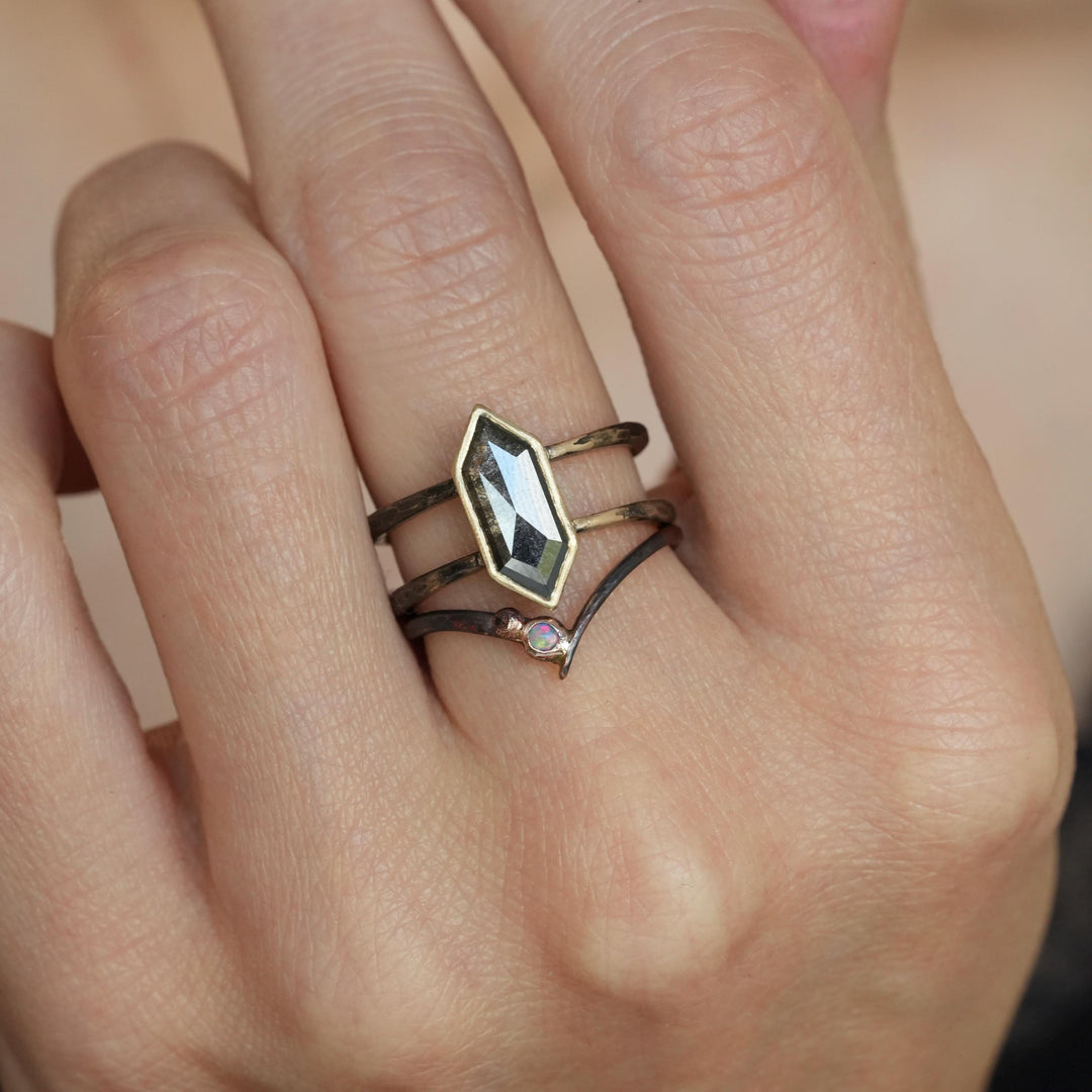 Opal Wave Ring. Solid Rose Gold Unique Alternative Rustic Natural Raw Rough Uncut Fire Rainbow Bezel Set Australian Opal Wedding Band Ring