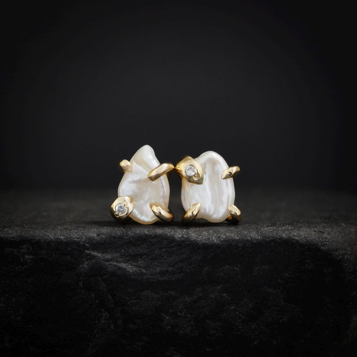 14k Yellow Gold White Pearl and Diamond Stud Earrings