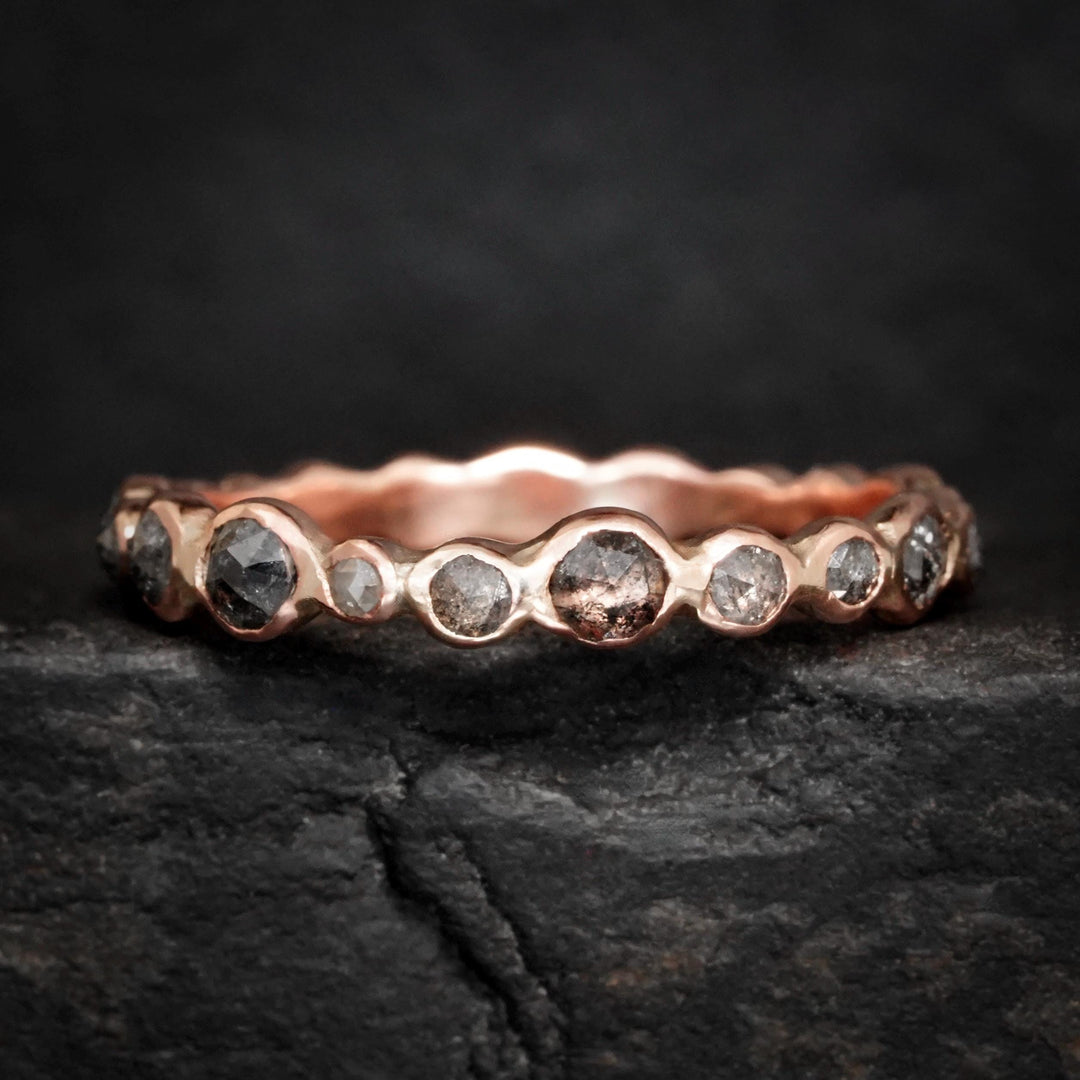 Diamond Eternity Ring. Natural Untreated Rose Cut Rose Gold Galaxy Salt and Pepper Diamond Eternity Wedding Engagement Ring. Galaxy Diamond