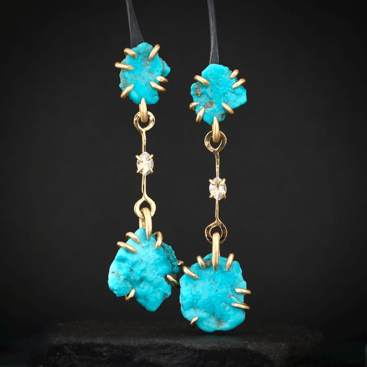 14k Yellow Gold Turquoise and Diamond Earrings