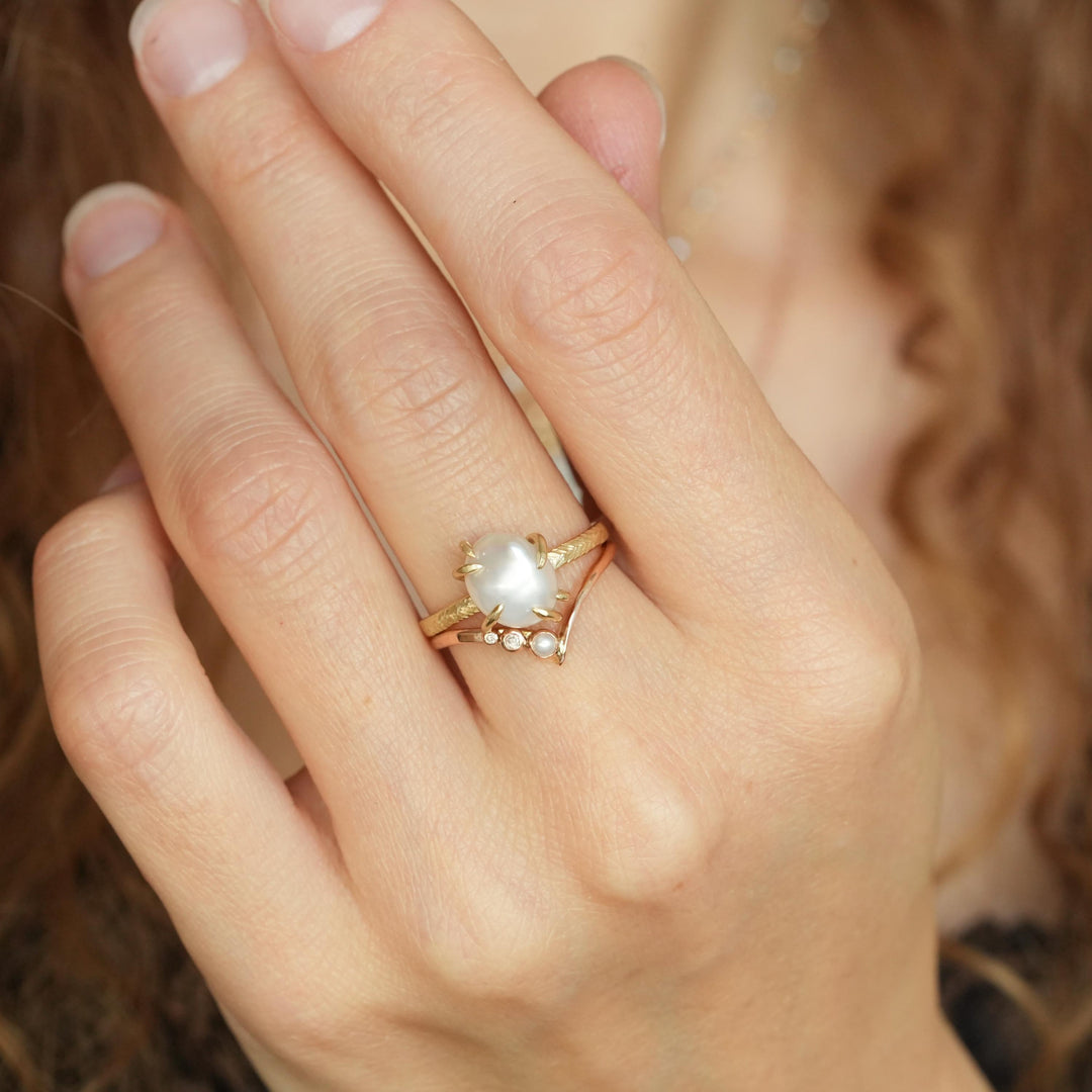 Pearl Ring. Yellow Gold Prong Set Feather Rebel Textured White Freshwater Pearl Engagement Promise Ring. White Pearl Statement Ring