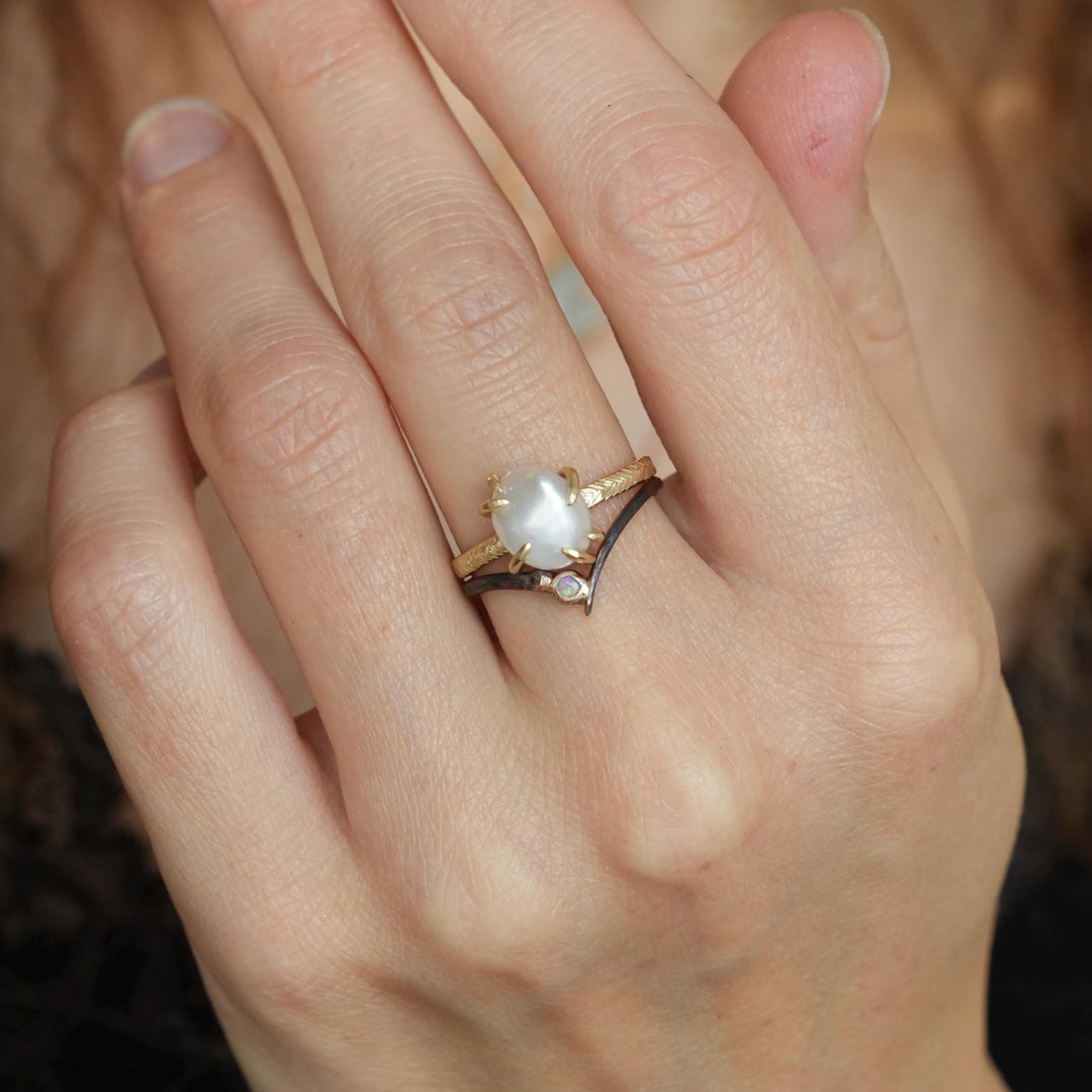 Pearl Ring. Yellow Gold Prong Set Feather Rebel Textured White Freshwater Pearl Engagement Promise Ring. White Pearl Statement Ring