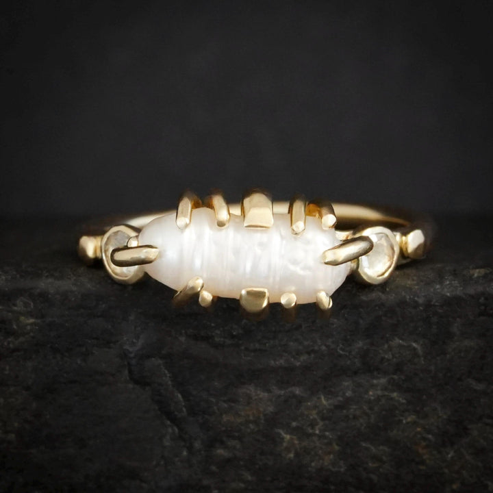 Pearl and Diamond Ring: RTS 14k Solid Yellow Gold 12 Prong Set White Oval Baroque Pearl and Clear Round Diamond Ring in US size 5.75