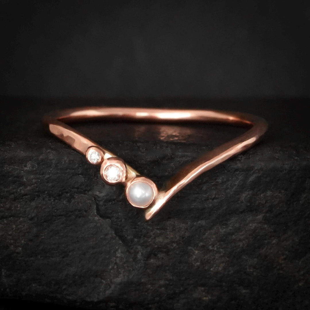 Pearl Wave Ring. Unique Rose Gold White Freshwater Pearl and Melee Diamond Wave Ring. Pearl Chevron Ring. Pearl Nesting Wedding Band Ring