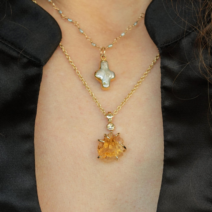 Citrine Necklace. Solid Yellow Rose White Gold Raw Uncut Citrine and Clear Diamond Pendant Necklace. Unique Gift for Her November Birthstone