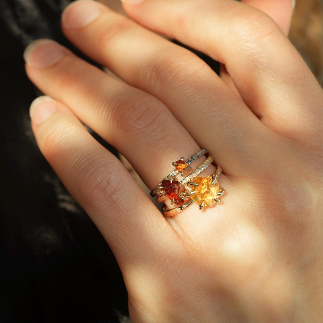 Raw Citrine Ring. Unique Rustic Organic Alternative Rebel Feather 6 Prong Set Raw Rough Uncut Natural Yellow Orange Citrine Engagement Ring