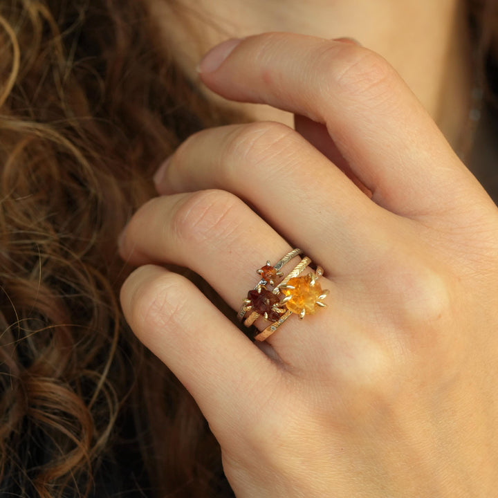 Raw Citrine Ring. Unique Rustic Organic Alternative Rebel Feather 4 Prong Set Raw Rough Uncut Natural Yellow Orange Citrine Engagement Ring