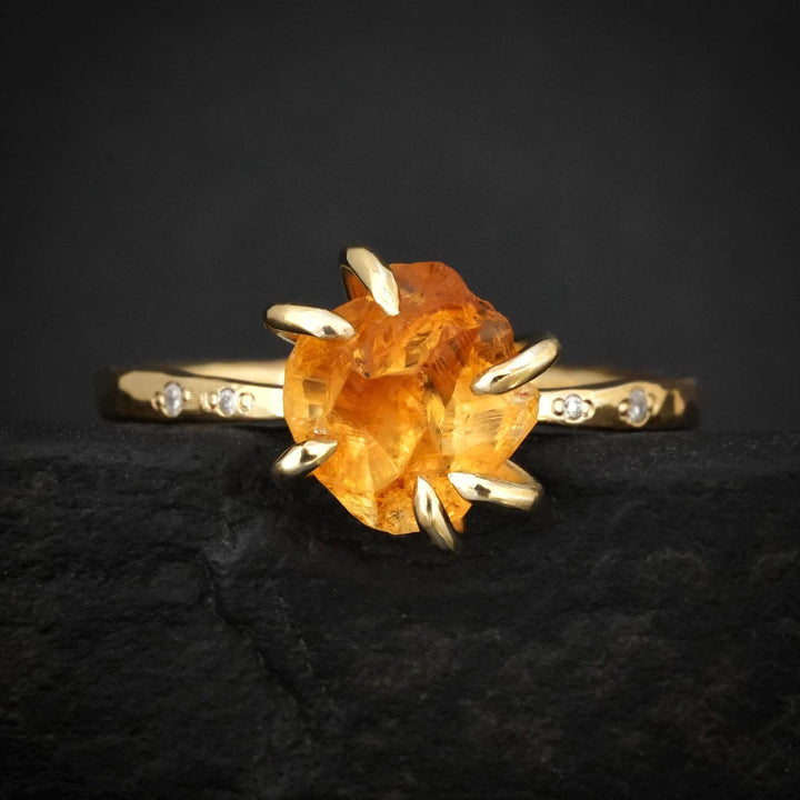 Raw Citrine Ring. Unique Rustic Organic Alternative Rebel Feather 6 Prong Set Raw Rough Uncut Natural Yellow Orange Citrine Engagement Ring