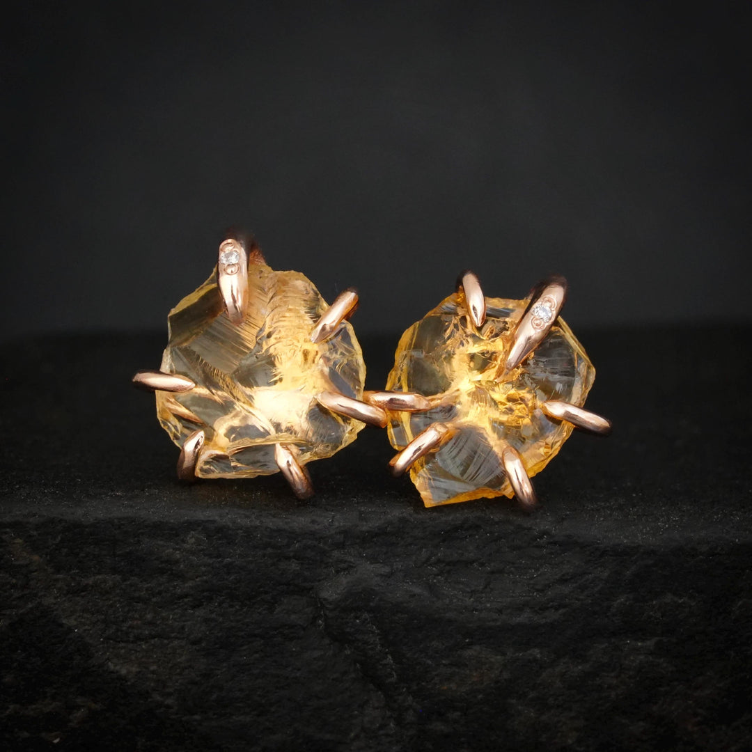 Raw Citrine Earrings. Unique Solid Rose Gold Prong Set Raw Rough Uncut Natural Yellow Orange Citrine and Diamond Stud Earrings Gift for Her