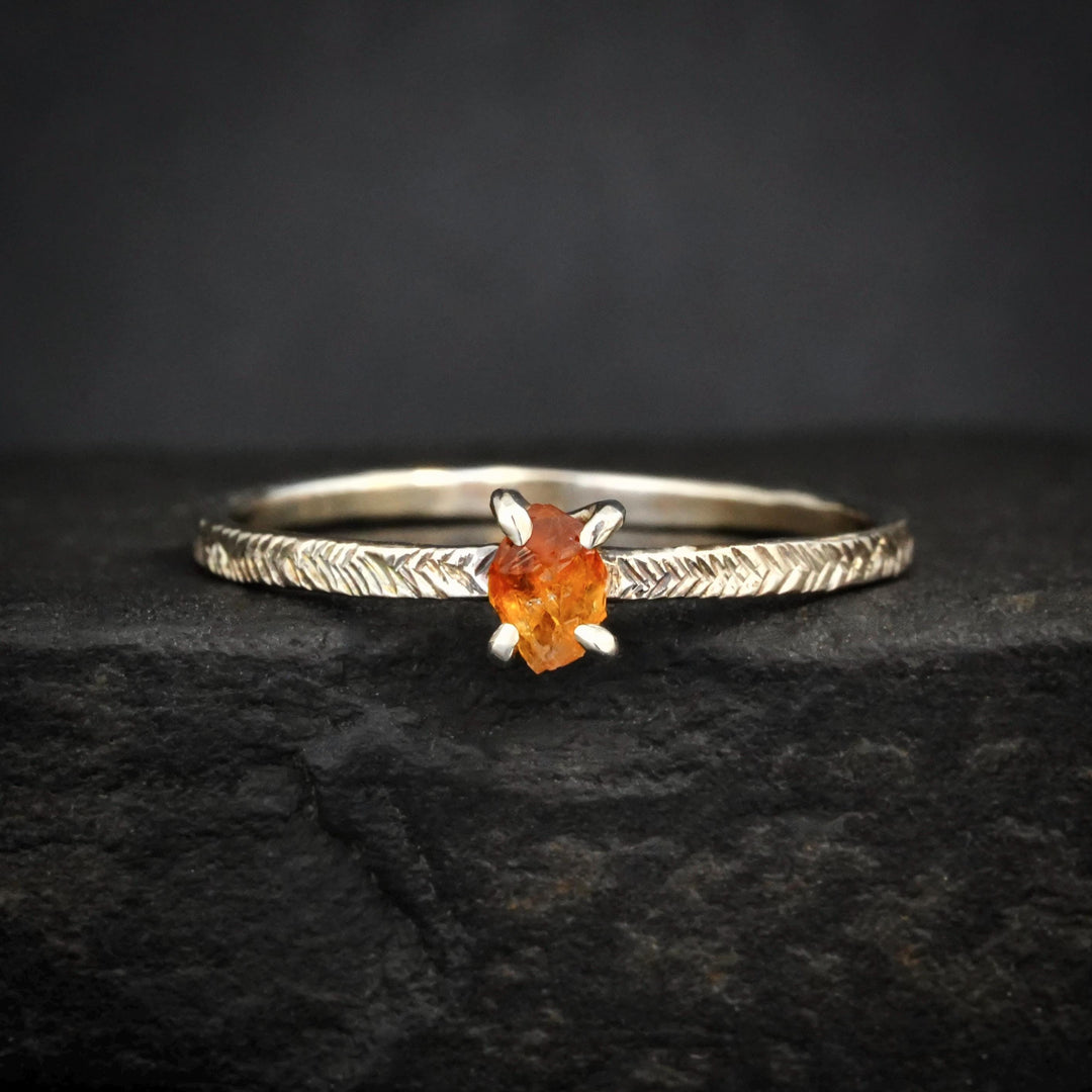 Raw Citrine Ring. Unique Rustic Organic Alternative Rebel Feather 4 Prong Set Raw Rough Uncut Natural Yellow Orange Citrine Engagement Ring