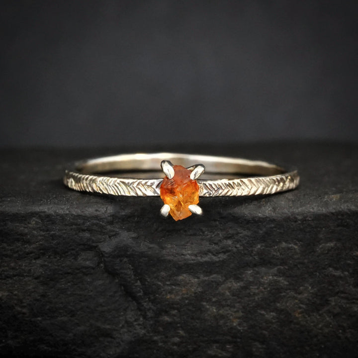 Raw Citrine Ring. Unique Rustic Organic Alternative Rebel Feather 4 Prong Set Raw Rough Uncut Natural Yellow Orange Citrine Engagement Ring