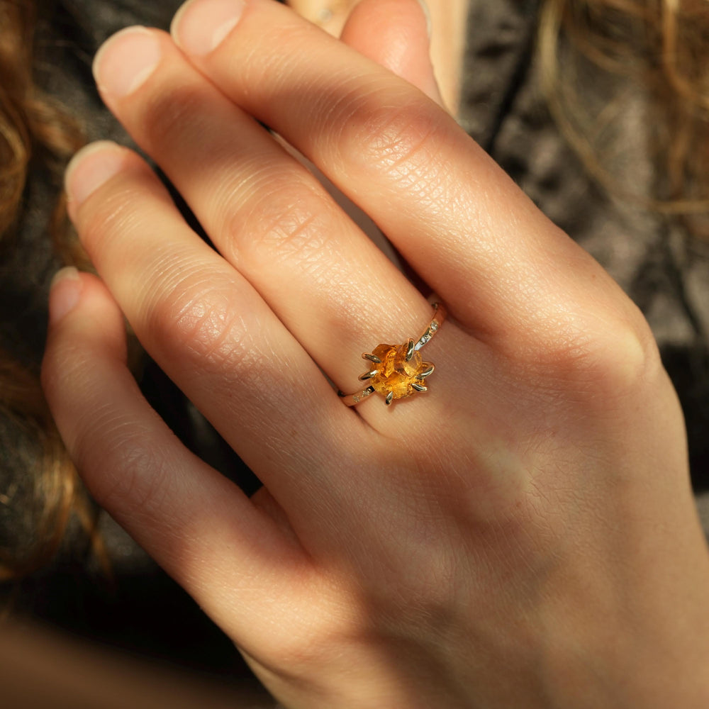 Raw Citrine Ring. Unique Rustic Organic Alternative Rebel Feather 6 Prong Set Raw Rough Uncut Natural Yellow Orange Citrine Engagement Ring