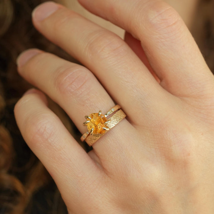 Raw Citrine Ring. Unique Rustic Organic Alternative Rebel Feather 6 Prong Set Raw Rough Uncut Natural Yellow Orange Citrine Engagement Ring