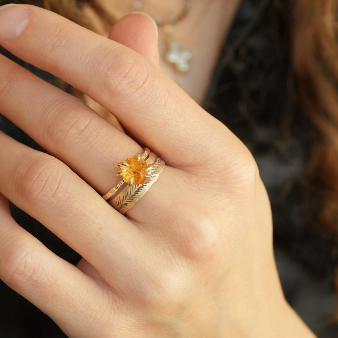 Raw Citrine Ring. Unique Rustic Organic Alternative Rebel Feather 6 Prong Set Raw Rough Uncut Natural Yellow Orange Citrine Engagement Ring