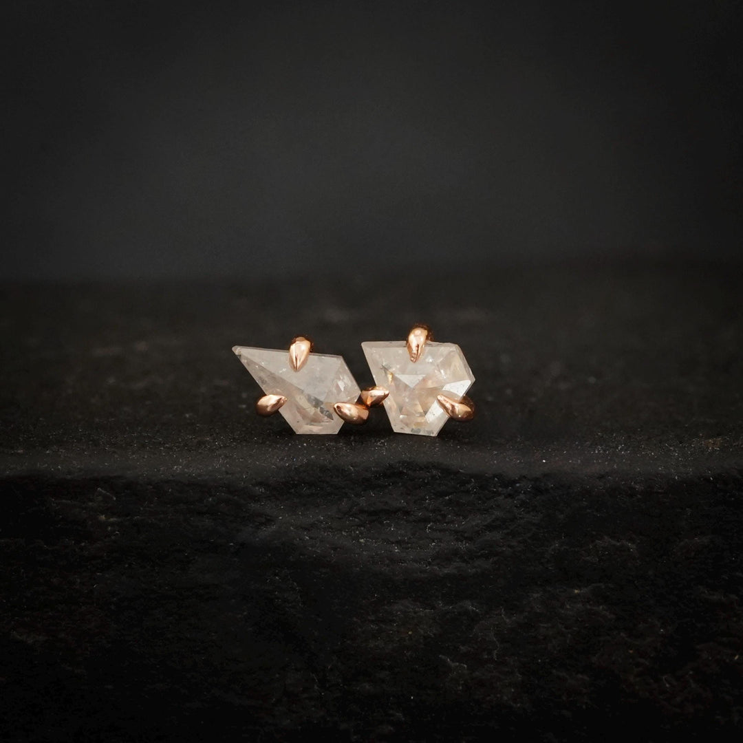 RTS Tiny 14k Solid Rose Gold Natural Milky White Kite Shield Geometric Cut Diamond Stud Earrings