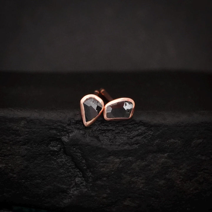 RTS 14k Rose Gold Tiny Triangular Black Diamond Stud Earrings