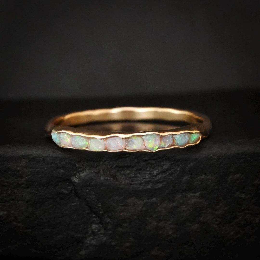 Ready to Ship Opal Ring US size 6. Unique Organic Rustic Natural Raw Rough Uncut Fire Rainbow Bezel Set Australian Opal Wedding Band Ring