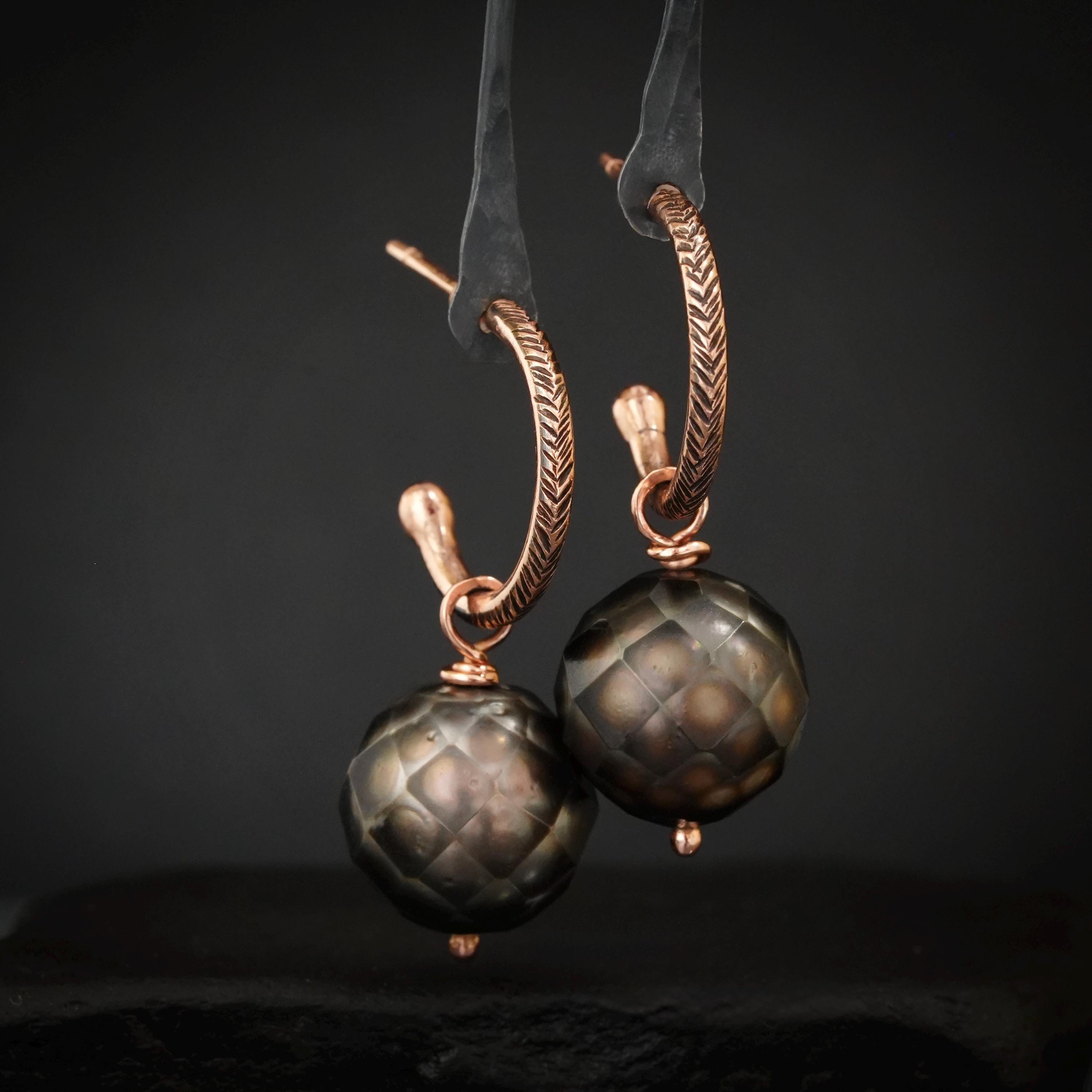 RTS 14k Rose Gold Genuine Black Tahitian Pearl Hoop Earrings.