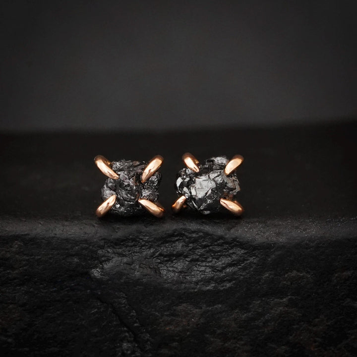 RTS 18k Solid Rose Gold 4 Prong Set Raw Uncut Black Diamond Stud Earrings