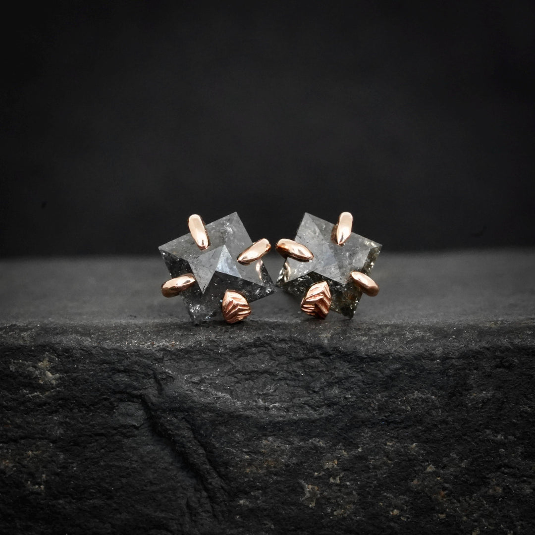 RTS 14k Rose Gold Feather Rebel Square Natural Salt and Pepper Galaxy Diamond Studs Earrings