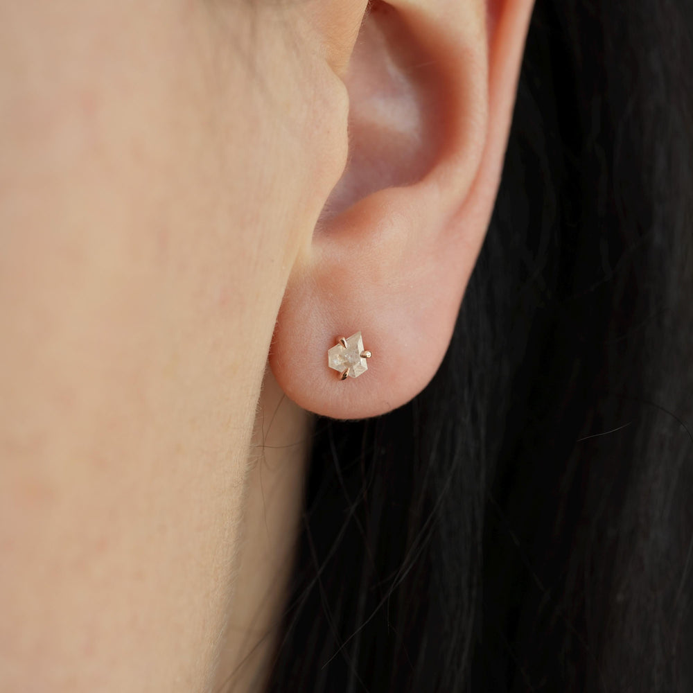 RTS Tiny 14k Solid Rose Gold Natural Milky White Kite Shield Geometric Cut Diamond Stud Earrings