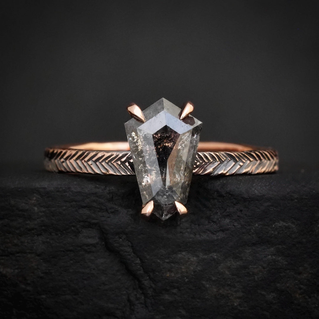 Kite Diamond Ring: RTS 14k Solid Rose Gold Natural Translucent Black Hexagon Kite Shape Salt and Pepper Diamond Ring in US size 6.25