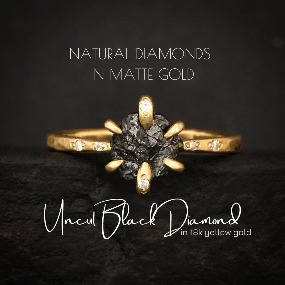 Raw Black Diamond Ring: RTS Solid 18k Yellow Gold 6 Prong Set Uncut Black Diamond and Clear Diamond Ring in US size 5.5 / UK size K 1/2