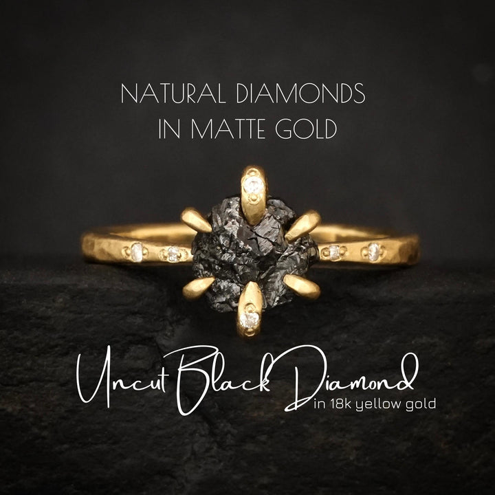 Raw Black Diamond Ring: RTS Solid 18k Yellow Gold 6 Prong Set Uncut Black Diamond and Clear Diamond Ring in US size 5.5 / UK size K 1/2