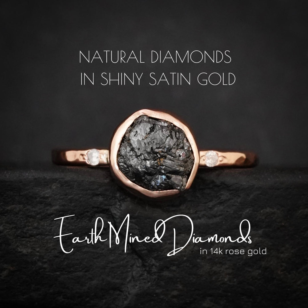 Black Diamond Ring: RTS 14k Rose Gold Bezel Set Raw Uncut Black Diamond Ring in US size 6.5 / UK size M 1/2