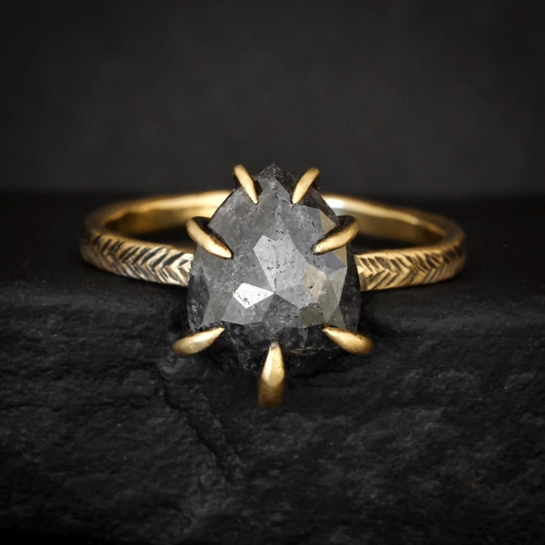 Pear Diamond Ring: RTS 18k Solid Yellow Gold 7 Prong Set Natural Pear Shape Black Diamond Ring in US size 6.5 / UK size M 1/2