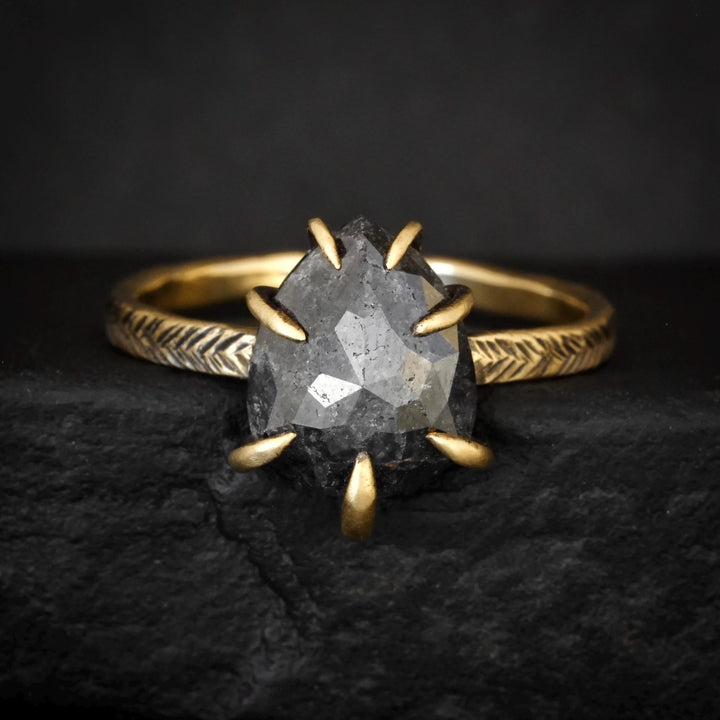 Pear Diamond Ring: RTS 18k Solid Yellow Gold 7 Prong Set Natural Pear Shape Black Diamond Ring in US size 6.5 / UK size M 1/2