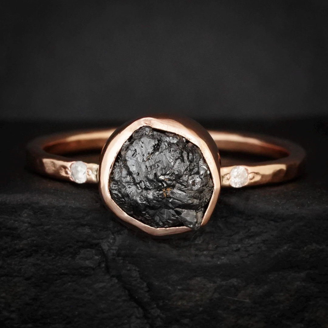 Black Diamond Ring: RTS 14k Rose Gold Bezel Set Raw Uncut Black Diamond Ring in US size 6.5 / UK size M 1/2