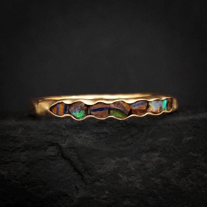 Raw Australian Boulder Opal Band Ring, Unique Wedding Jewelry