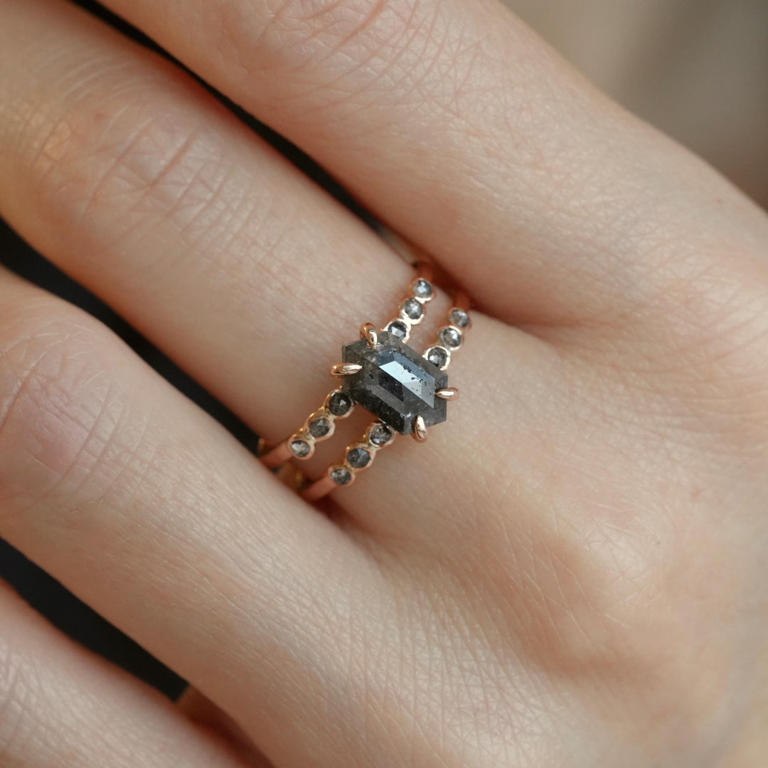 Hexagon Diamond Ring: RTS 14k Solid Rose Gold Grey Hexagon and Round Salt and Pepper Diamond Double Band Ring in US size 7