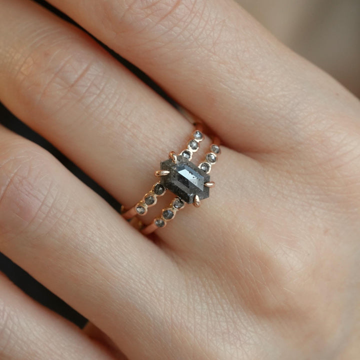 Hexagon Diamond Ring: RTS 14k Solid Rose Gold Grey Hexagon and Round Salt and Pepper Diamond Double Band Ring in US size 7