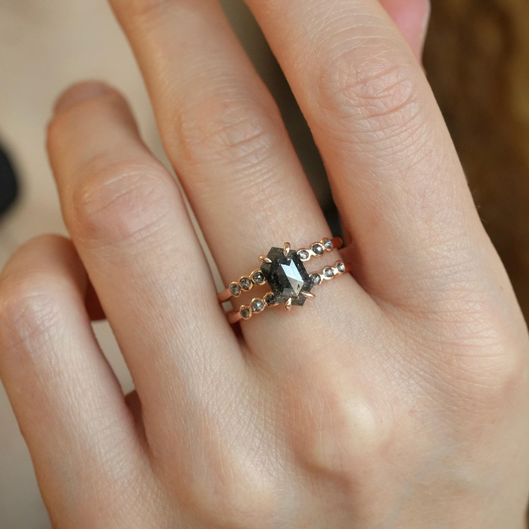 Hexagon Diamond Ring: RTS 14k Solid Rose Gold Grey Hexagon and Round Salt and Pepper Diamond Double Band Ring in US size 7