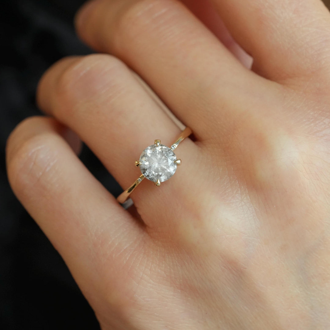 Galaxy Diamond Ring: RTS 14k Solid Yellow Gold 4 Prong Set Round Brilliant Cut Natural Salt and Pepper Diamond Ring in US size 6.75