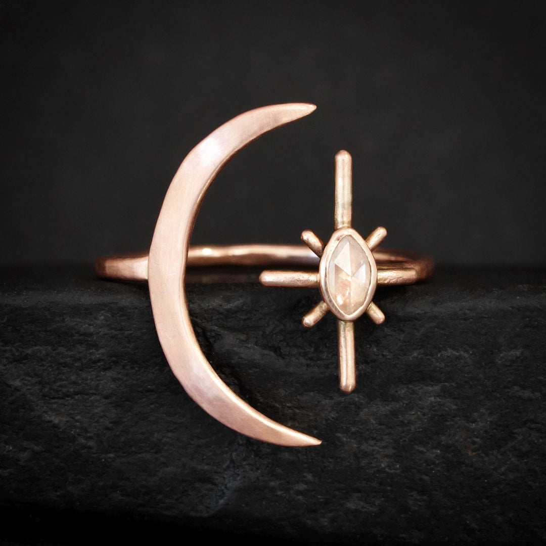 North Star Diamond Ring. Adjustable Rose Gold Clear White Marquise Shape North Star and Moon Statement Ring. The Moon and The Star Ring