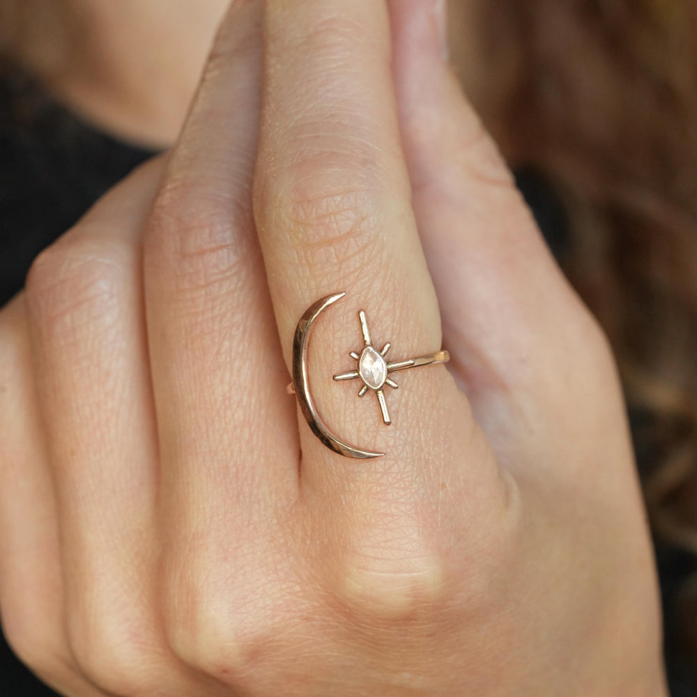 North Star Diamond Ring. Adjustable Rose Gold Clear White Marquise Shape North Star and Moon Statement Ring. The Moon and The Star Ring