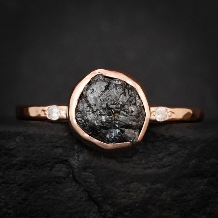 Black Diamond Ring: RTS 14k Rose Gold Bezel Set Raw Uncut Black Diamond Ring in US size 6.5 / UK size M 1/2