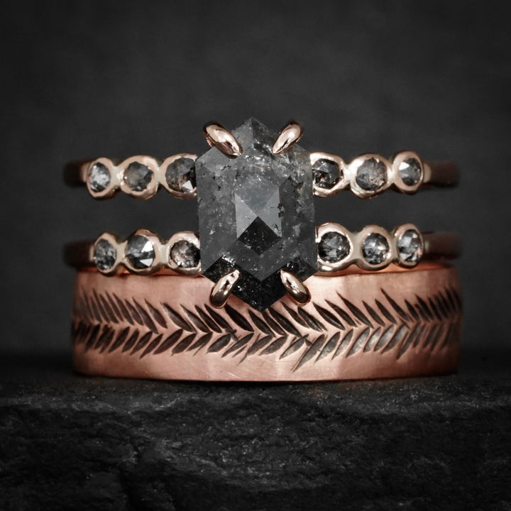 Hexagon Diamond Ring: RTS 14k Solid Rose Gold Grey Hexagon and Round Salt and Pepper Diamond Double Band Ring in US size 7