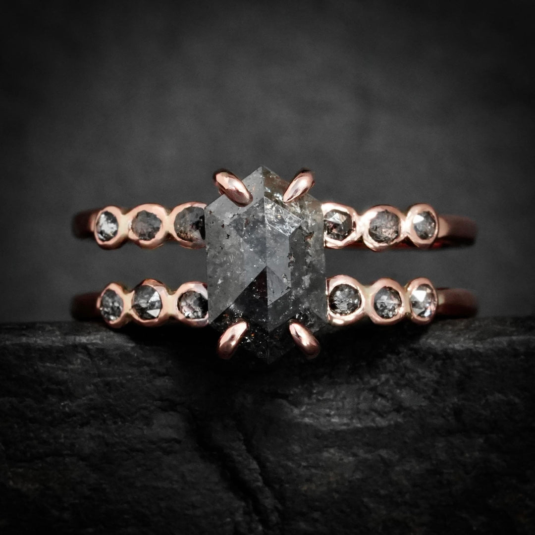 Hexagon Diamond Ring: RTS 14k Solid Rose Gold Grey Hexagon and Round Salt and Pepper Diamond Double Band Ring in US size 7