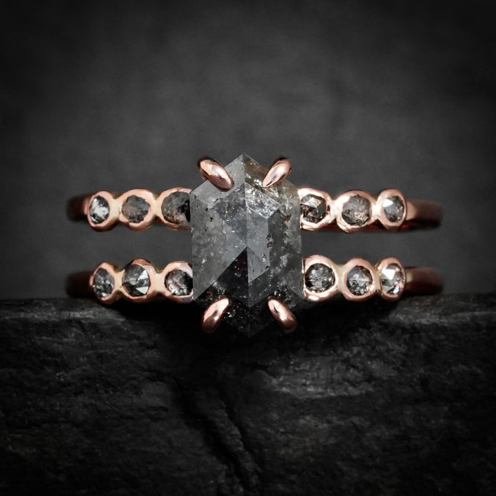 Hexagon Diamond Ring: RTS 14k Solid Rose Gold Grey Hexagon and Round Salt and Pepper Diamond Double Band Ring in US size 7