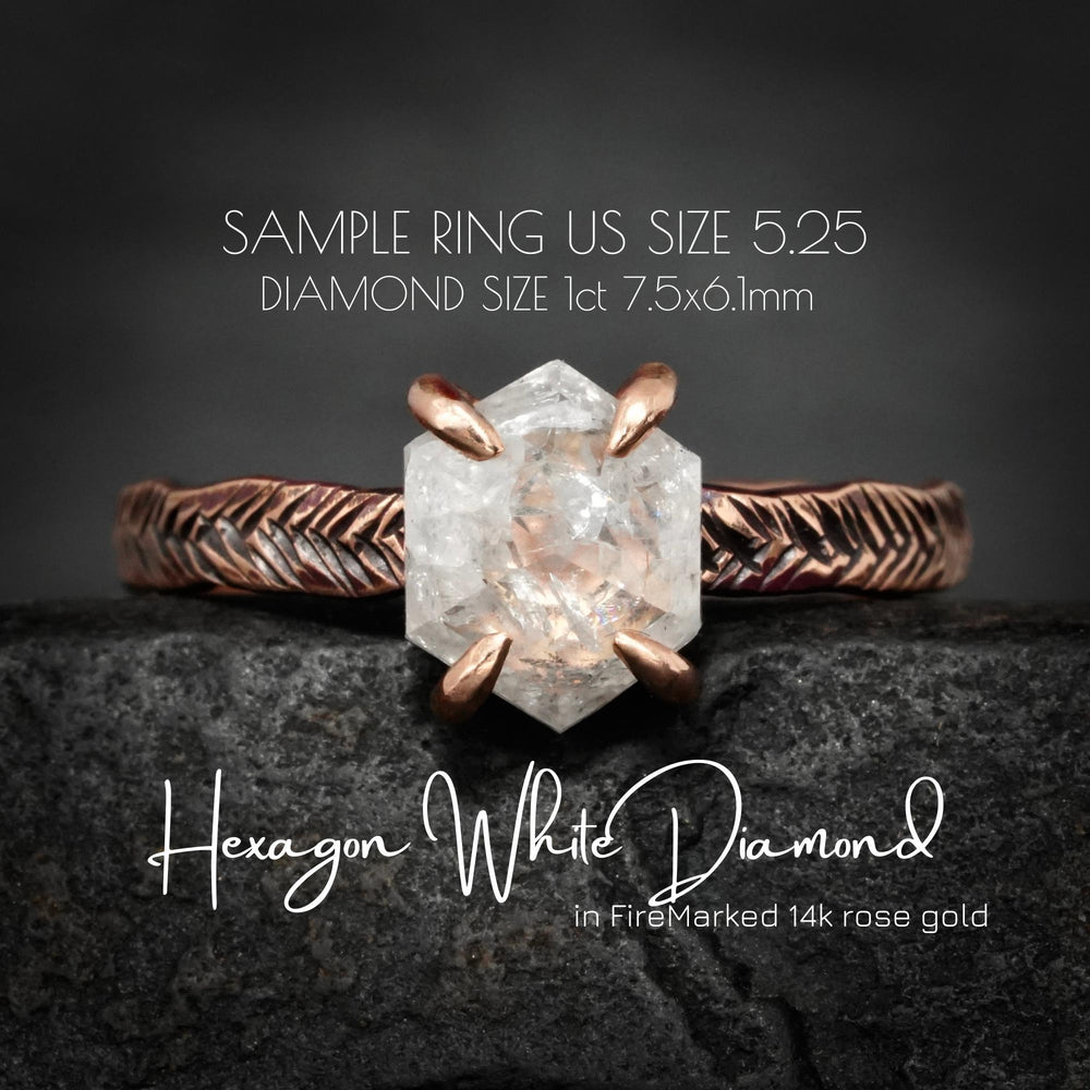Hexagon Diamond Ring: RTS Solid 14k Rose Gold Natural 4 Prong Set Hexagon Shape White Salt and Pepper Diamond Ring in US size 5.25