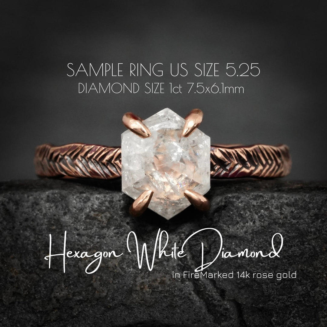 Hexagon Diamond Ring: RTS Solid 14k Rose Gold Natural 4 Prong Set Hexagon Shape White Salt and Pepper Diamond Ring in US size 5.25