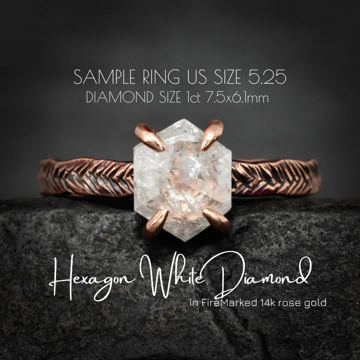 Hexagon Diamond Ring: RTS Solid 14k Rose Gold Natural 4 Prong Set Hexagon Shape White Salt and Pepper Diamond Ring in US size 5.25