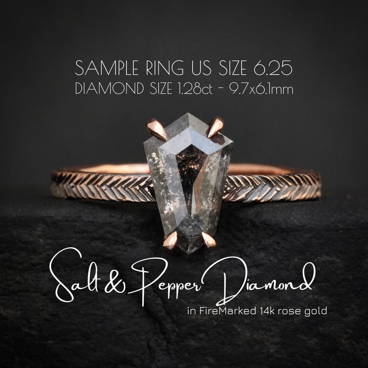 Kite Diamond Ring: RTS 14k Solid Rose Gold Natural Translucent Black Hexagon Kite Shape Salt and Pepper Diamond Ring in US size 6.25