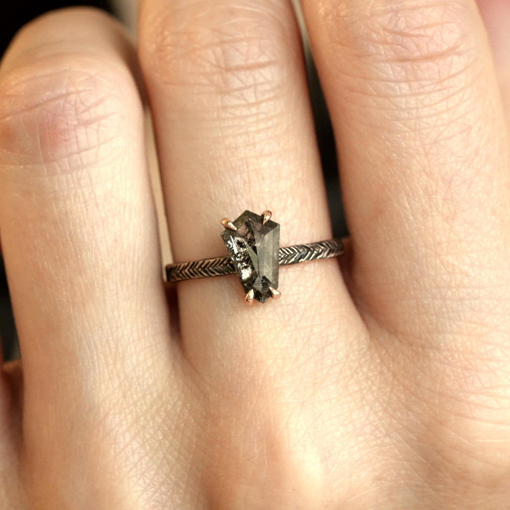 Kite Diamond Ring: RTS 14k Solid Rose Gold Natural Translucent Black Hexagon Kite Shape Salt and Pepper Diamond Ring in US size 6.25